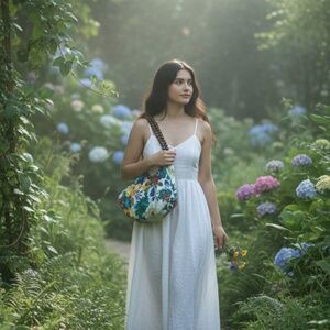 Floral Women's Hobo Bag with Wooden Bead Handle